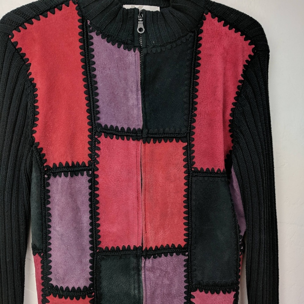 Patchwork Leather Sweater Jacket - image 2